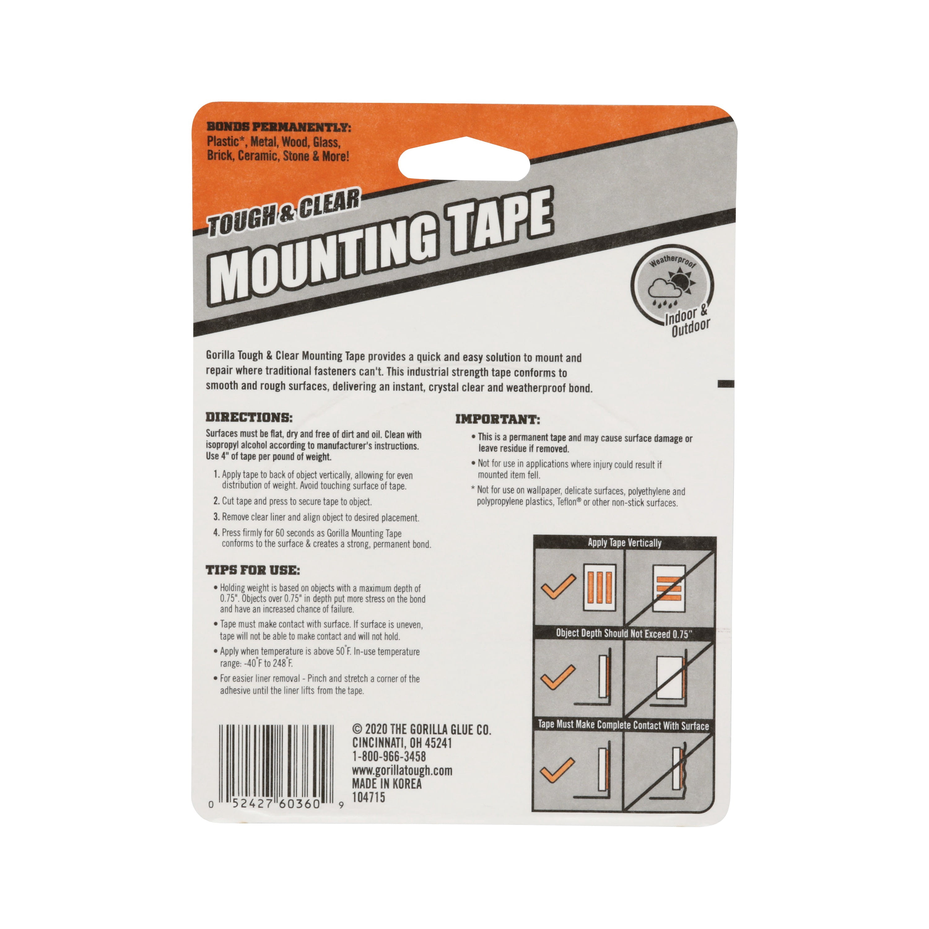 Gorilla Tough & Clear Double Sided XL Mounting Tape, 1" x 150", Clear, Pack of 1 Fur Pak — Residential Use, Standard Application
