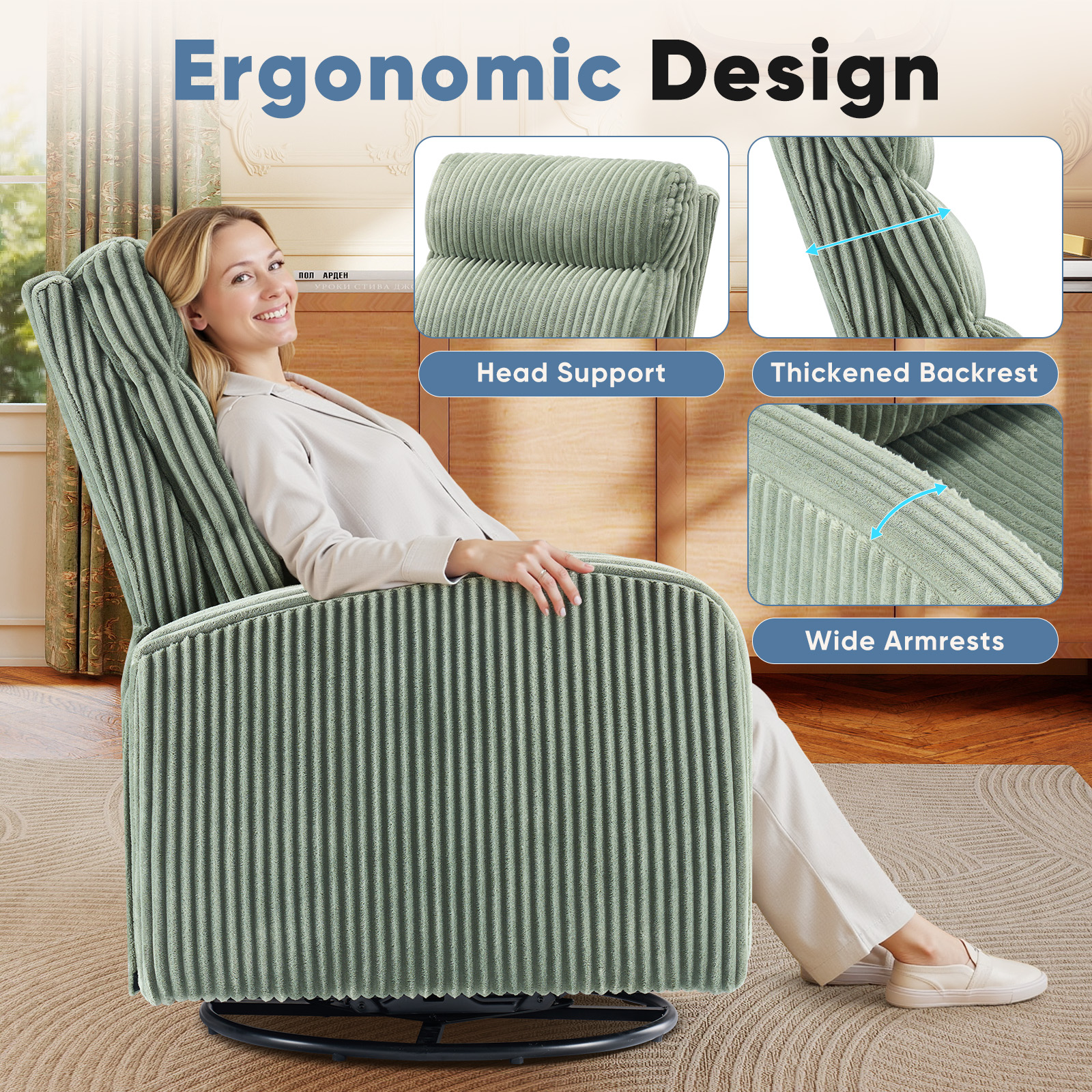 EDX 360°Swivel Nursery Chair, Comfy Chair for Bedroom, Rocking Chair with Thickened Seat Cushion, High Back Sofa Chairs for Living Room, Nursery Room and Reading Room, Green