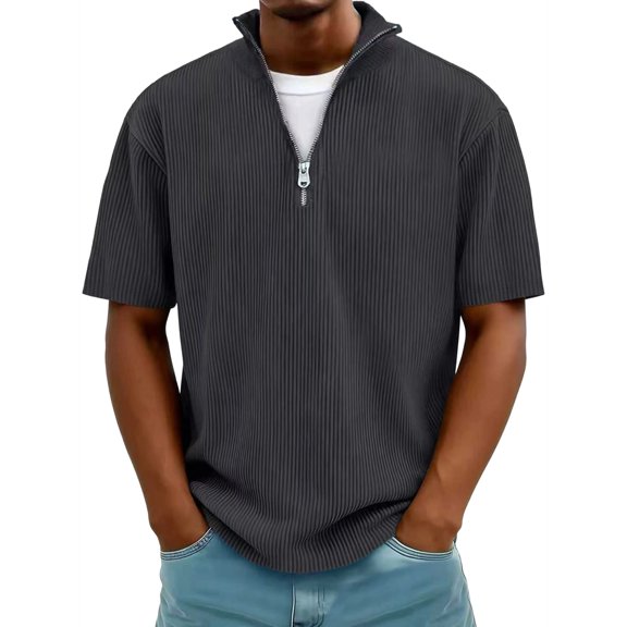Men Quarter Zip Shirts Knit Textured Casual Short Sleeve Shirt Golf Tops Dark Gray M