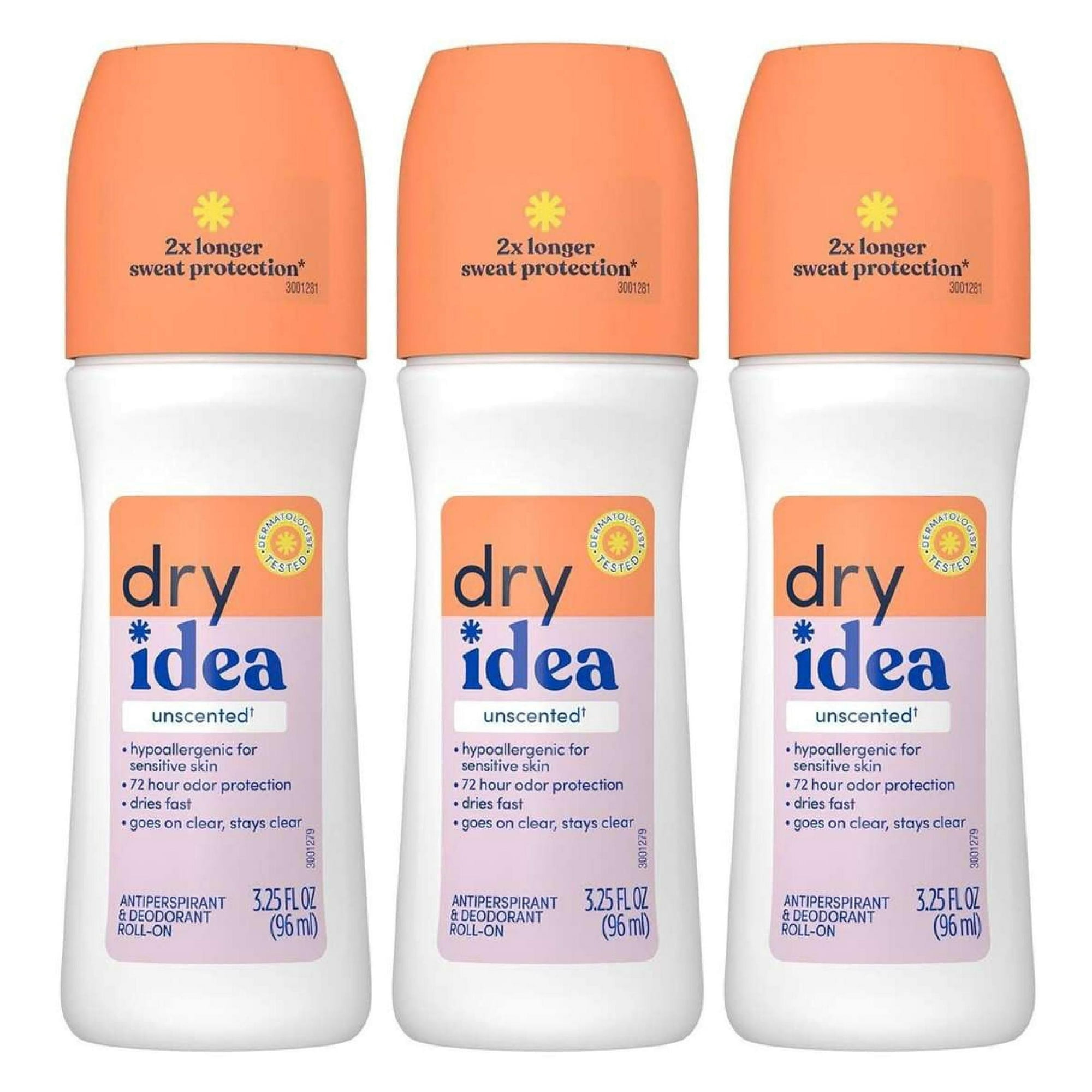 Pack of (3) Dry Idea Antiperspirant Deodorant Roll On, Unscented, 3.25 fl oz