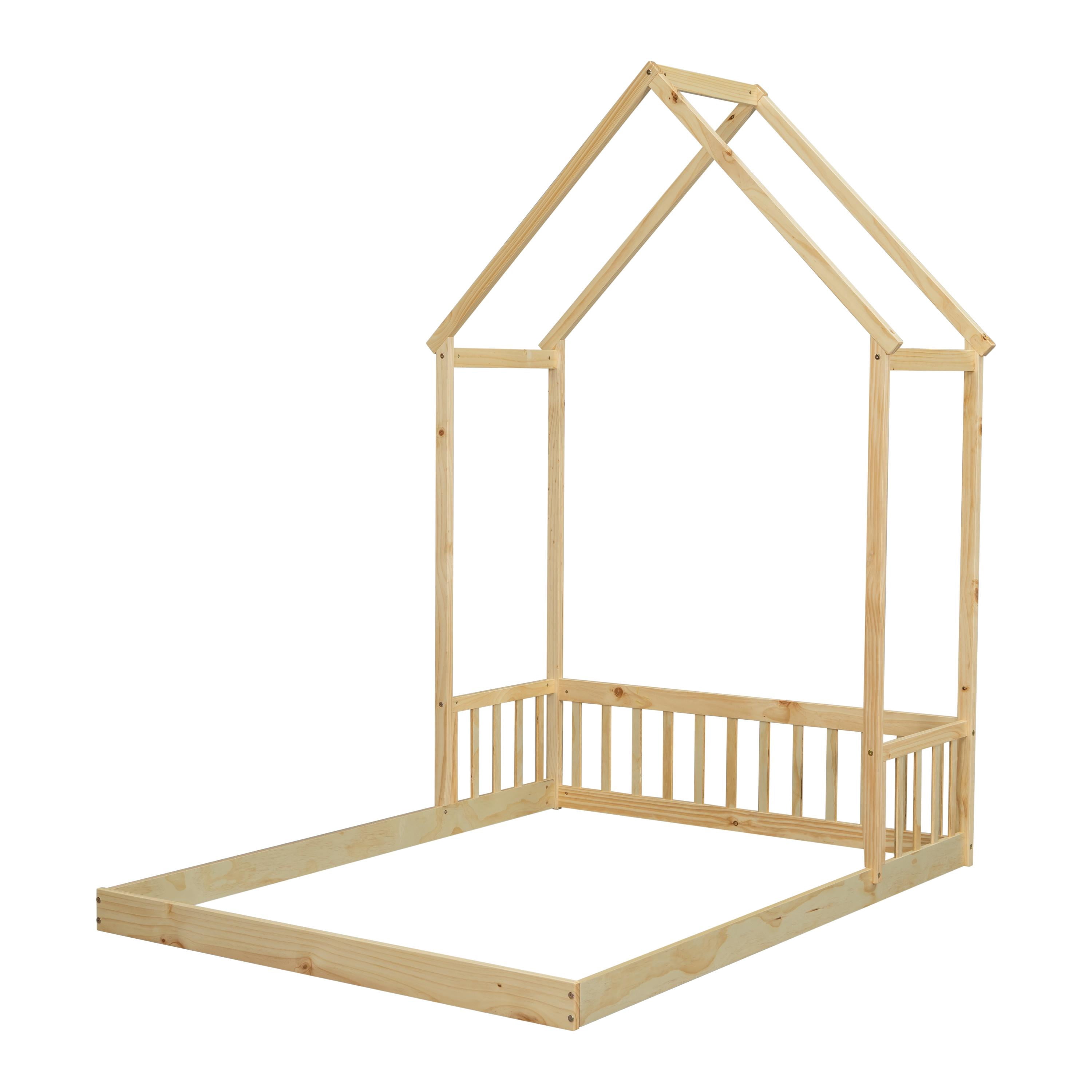 PORKISS Full Size Floor Bed for Kids, Wood Montessori Bed with House-shaped Roof, Natural
