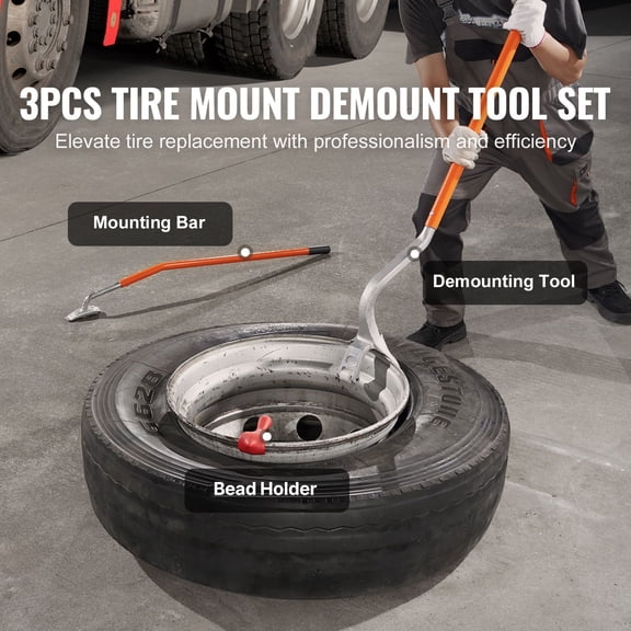 Heavy Duty Manual Tire Changer Kit, 22.5-24.5 Inch Bead Breaker Demount Tool Set with Holder for Tubeless Truck Tires, 3-Piece Orange Steel