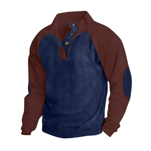 Besolor Mens Corduroy Sweatshirts Color Block Lapel Collar Button up Pullover Mock Neck Long Sleeve Sweaters Tops