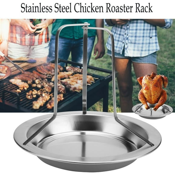 DEBGFS Chicken Roaster Rack, Chicken Holder Beer Can Chicken Holder Folding Chicken Roaster Rack Beer Can Vertical Roaster Chicken Stand with Drip Pan for Oven Barbecue BBQ Grill Accessories
