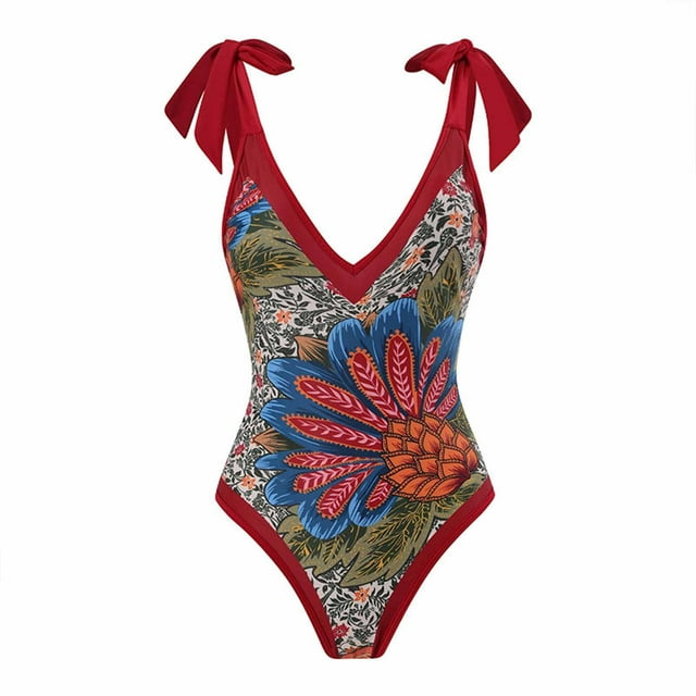 RKSTN Maillot de Bain pour Femme Imprimé Vintage une-Pièce à Lacets Bikini Col en V Maillots de Bain Confortables