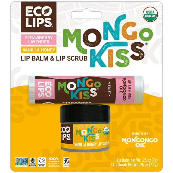 Eco Lips Mongo Kiss Organic Strawberry Lavender Lip Balm & Vanilla Honey Lip Scrub Combo Blister Pack, 2-piece