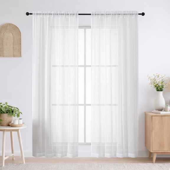 OVZME Luna 84" White Striped Sheer Curtains 2 Panels - Light Filtering Privacy Sheers for Living Room Sliding Glass Doors, Vertical Stripe Textured Rod Pocket, 42"W x 84"L Each, White