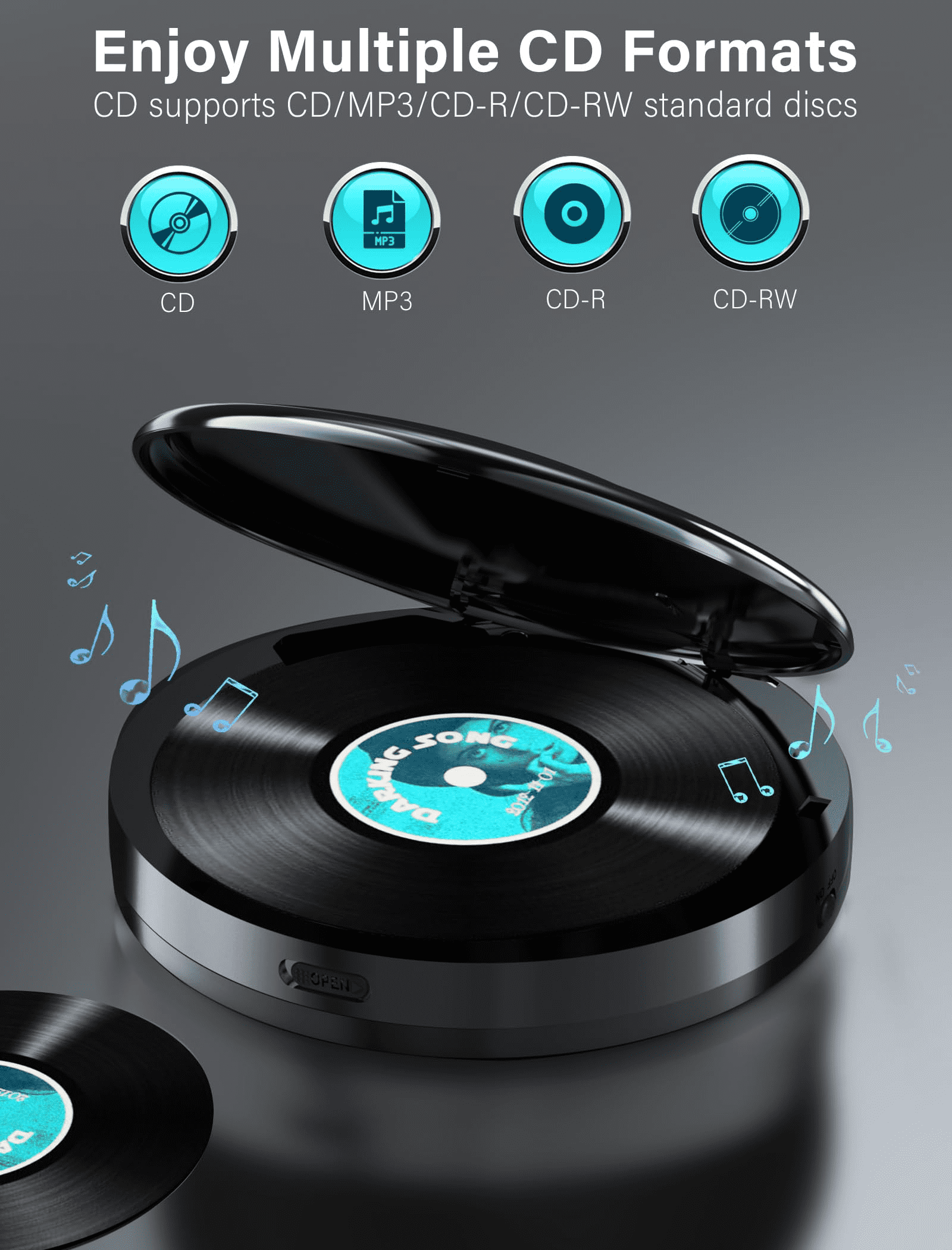 Jazmm NEW 2025 CD Player Portable with Bluetooth, 2000mAh Rechargeable Discman CD Player for Car