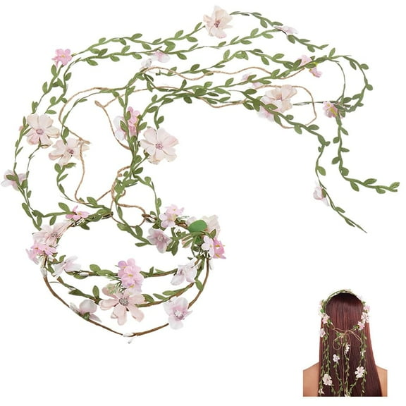 Pearl Pink Flower Headband Boho Floral Wreath With Leaves Vine Ribbon Fairy Hairband Garland Wrapped Crafting Hair Hoop