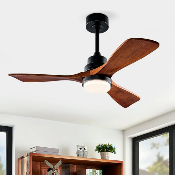 42 inch 3 Wood Blades Farmhouse Black Ceiling Fan with Led Light Remote Control, DC Motor
