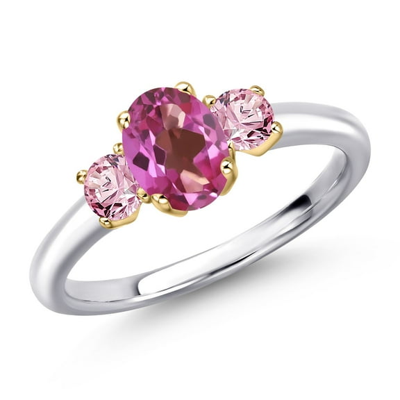 Gem Stone King 925 Silver and 10K Yellow Gold Pink Mystic Topaz and Pink Lab Grown Diamond Engagement Ring for Women | 1.16 Cttw | Oval 7X5MM | Gemstone November Birthstone | Size 8