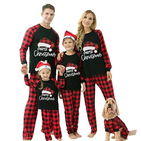 

Holiday Christmas Pajamas Family Matching Pjs Set Xmas Letter and Santa Hat Printed Jammies for Couples Youth Kids Baby