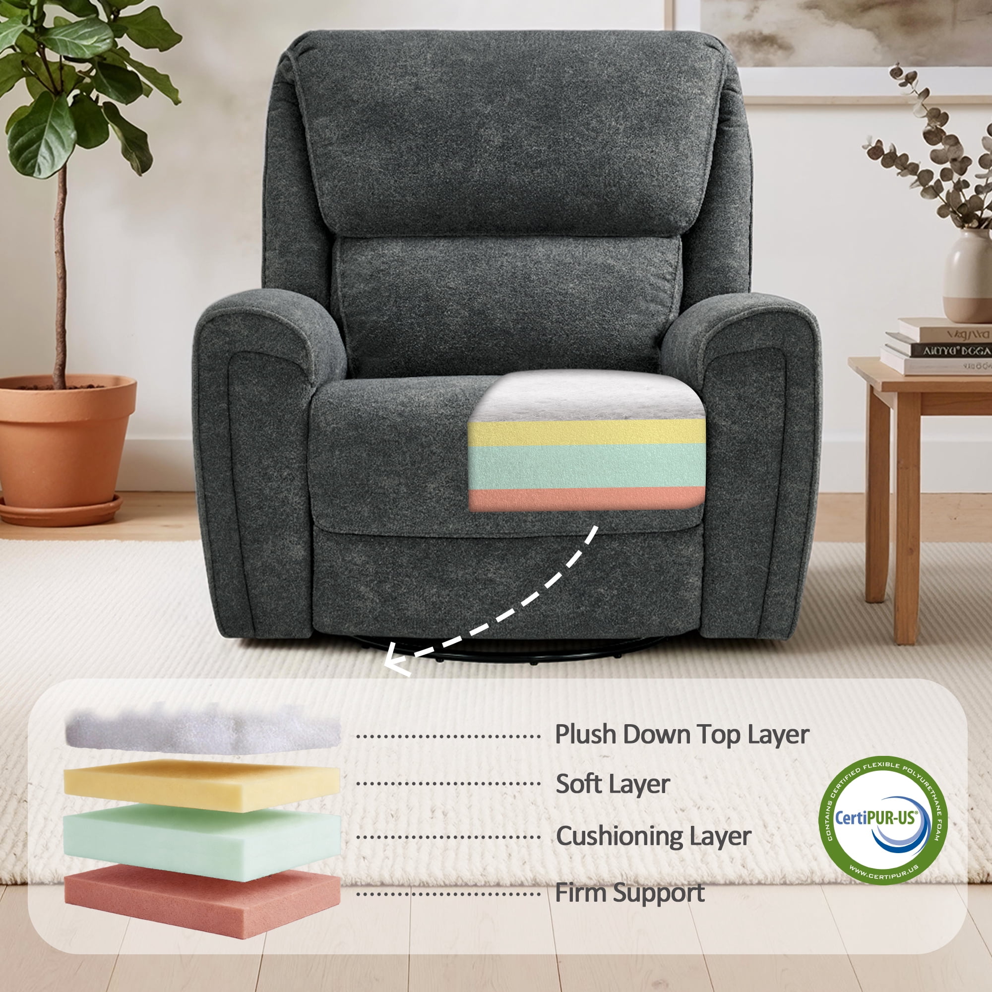 MCombo 400lbs Oversized Swivel Rocker Power Recliner Chair for Big and Tall People, Fabric, Dark Grey