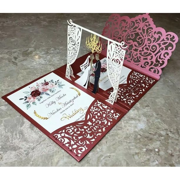 Tarjeta emergente 3D de 3 pliegues, tarjeta de invitación de boda de bolsillo, corte láser, invitación de felicitación con sobre, color dorado y gris, 1 unidad, envío gratis