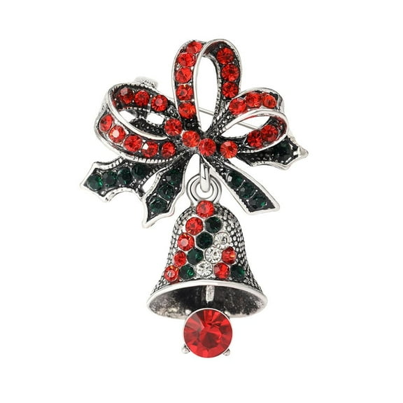 Christmas Jingle Bell Rhinestone Brooch Pin for Women Dangling Tinkle Bell Ribbon Bow Knot Lapel Shawl Pins Fashion Xmas Costumes Sweater Accessories Brooches Jewelry Gifts