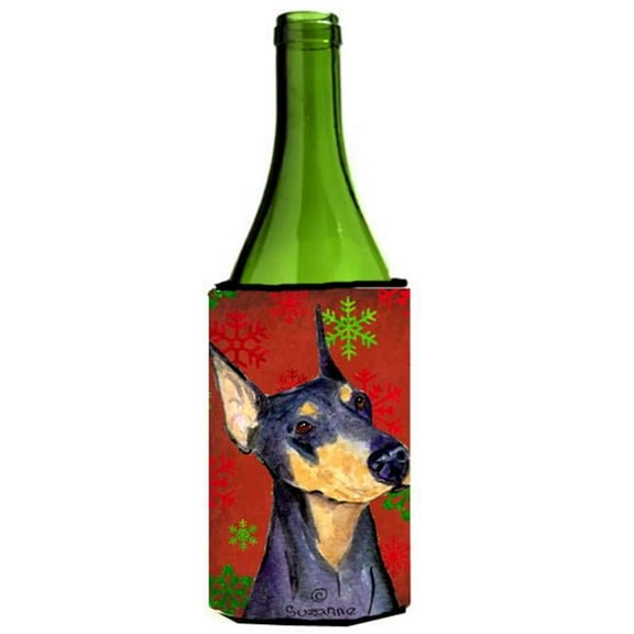 Doberman Red And Green Snowflakes Holiday Christmas Wine bottle sleeve - 24 oz.