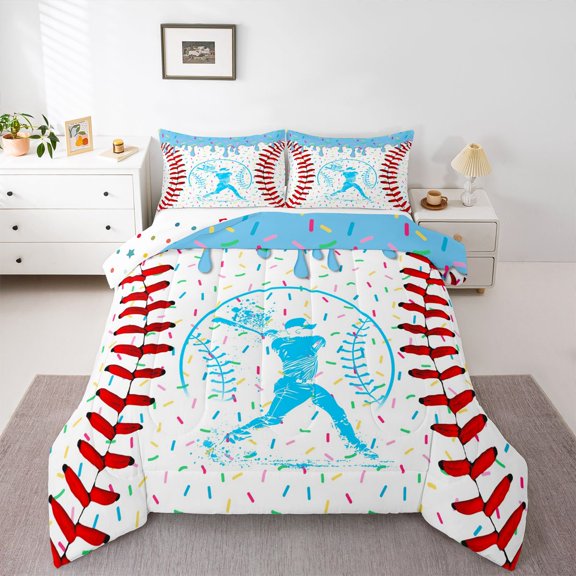 Erosebridal Light Blue Dripping Baseball Stitch & Batter Silhouette Graphic Twin Comforter Sets 3-Piece, Sport Theme Bedding Set for Boys And Girls Kids,Microfiber Bedroom Decor