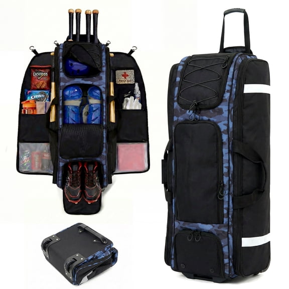 Fegat Rolling Baseball Bag, 100L Large Catcher Gear Bag Softball Bags with Wheels, Youth Equipment Bag Holds 8 Bats, Full Set, with Fence Hooks, Reflective Strip, Shoe Compartment