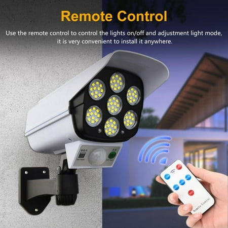 

77 LED Solar Security PIR Motion Sensor Light with Remote Control Dummy Surveillance CCTV Light Roatable Angle Adjustable LED Wall Light Outdoor Fake Camera with Light for Fence Patio Front Door