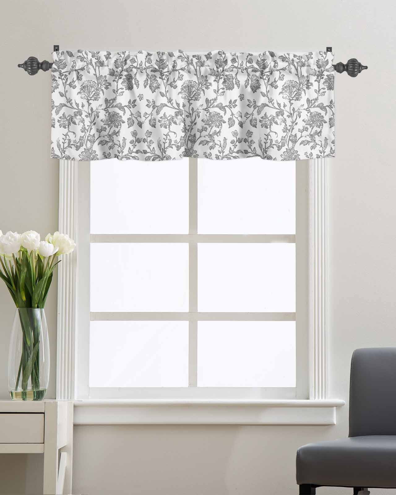Retro Light Grey Farmhouse Floral Curtain Valances for Kitchen Windows,Rod Pocket Short Valance Pastoral Flowers Window Treatment for Living Room Bathroom Bedroom,42" x 18"-1 Panel