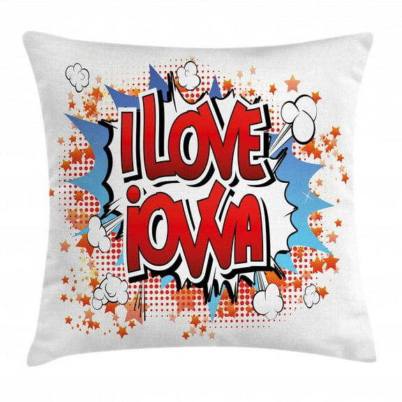 Iowa State Throw Pillow Cushion Cover, I Love Iowa Quote in Retro Comic Book Style Burst Effect and Stars Background, Decorative Square Accent Pillow Case, 16 X 16 Inches, Multicolor, by Ambesonne