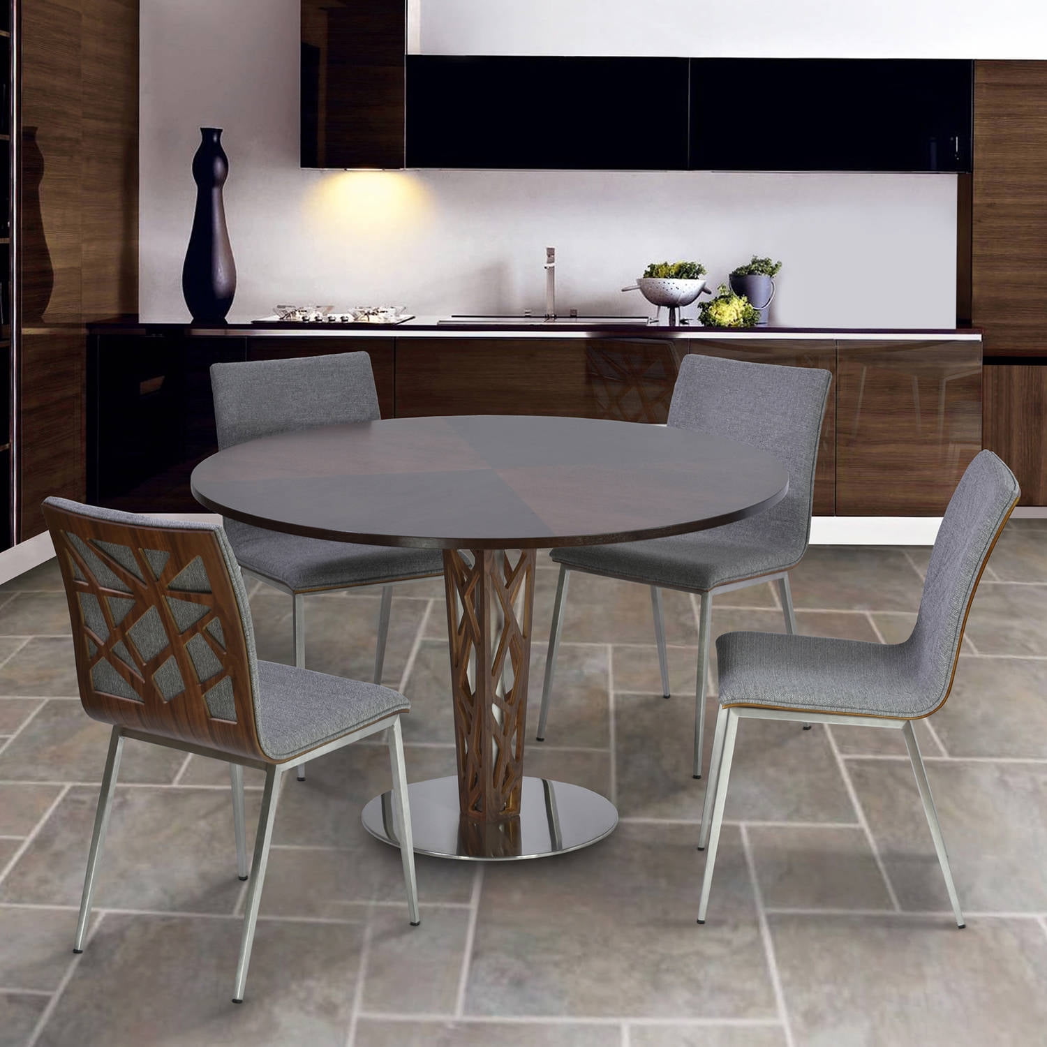 Armen Living Crystal Dining Chair, Brushed Stainless Steel Finish with Fabric Upholstery and Walnut Back (Set of 2)
