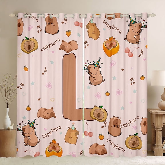 Erosebridal Monogrammed L Black Out Curtains for Kid, Capybara Lover Curtains Pack of 2 (42x63 Each)