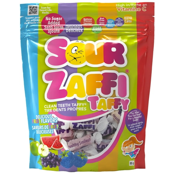 Zolli Sugar Free Sour Taffy Assorted Fruit 85g, Zolli Sugar Free Sour Taffy Assorted 85g - Delicious, zero sugar, artificial dye free, gluten and nut free, vegan, keto sour taffy.