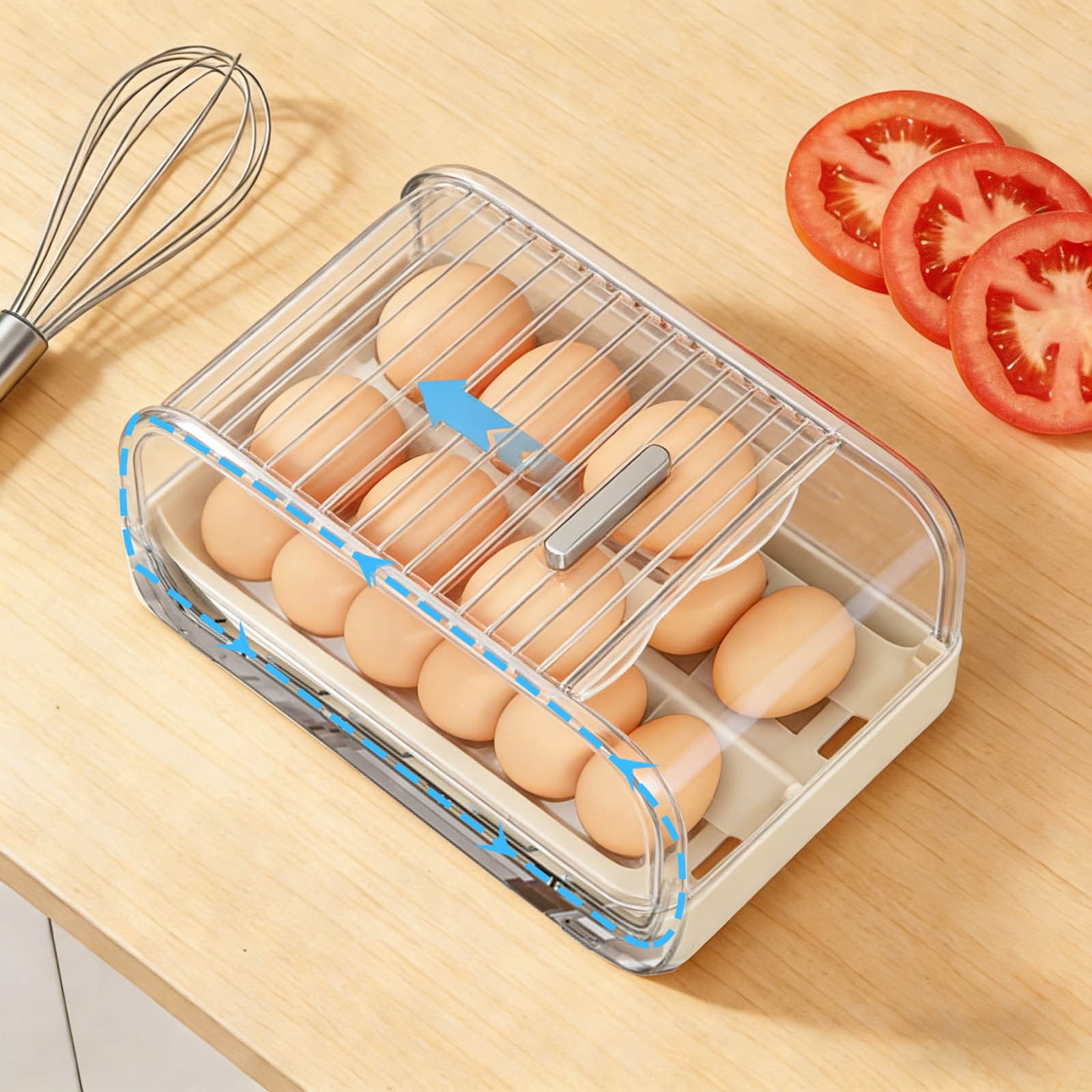 Refrigerator Egg Storage Rack Organizer - Automatic Rolling Rotating Egg Holder, Space Saving Expandable Kitchen Fridge Shelf for Eggs & Food Containers