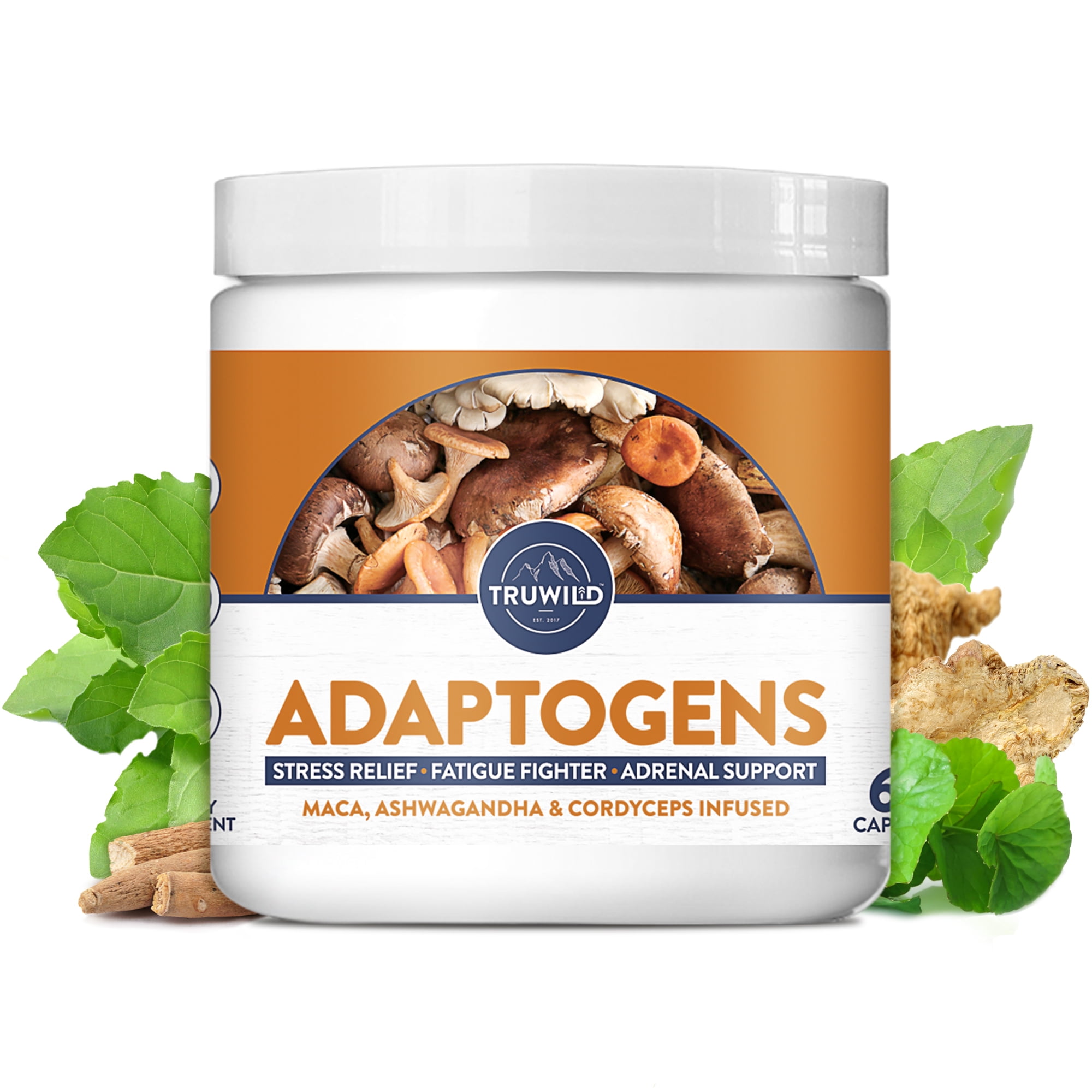 TRUWILD Adaptogens Vegan Adrenal Support Capsule Supplement w/ Ashwagandha + Maca + Cordyceps for Full Spectrum Mushrooms - Immune + Mood + Fatigue + Stress Relief Support – All Natural – 30 Servings