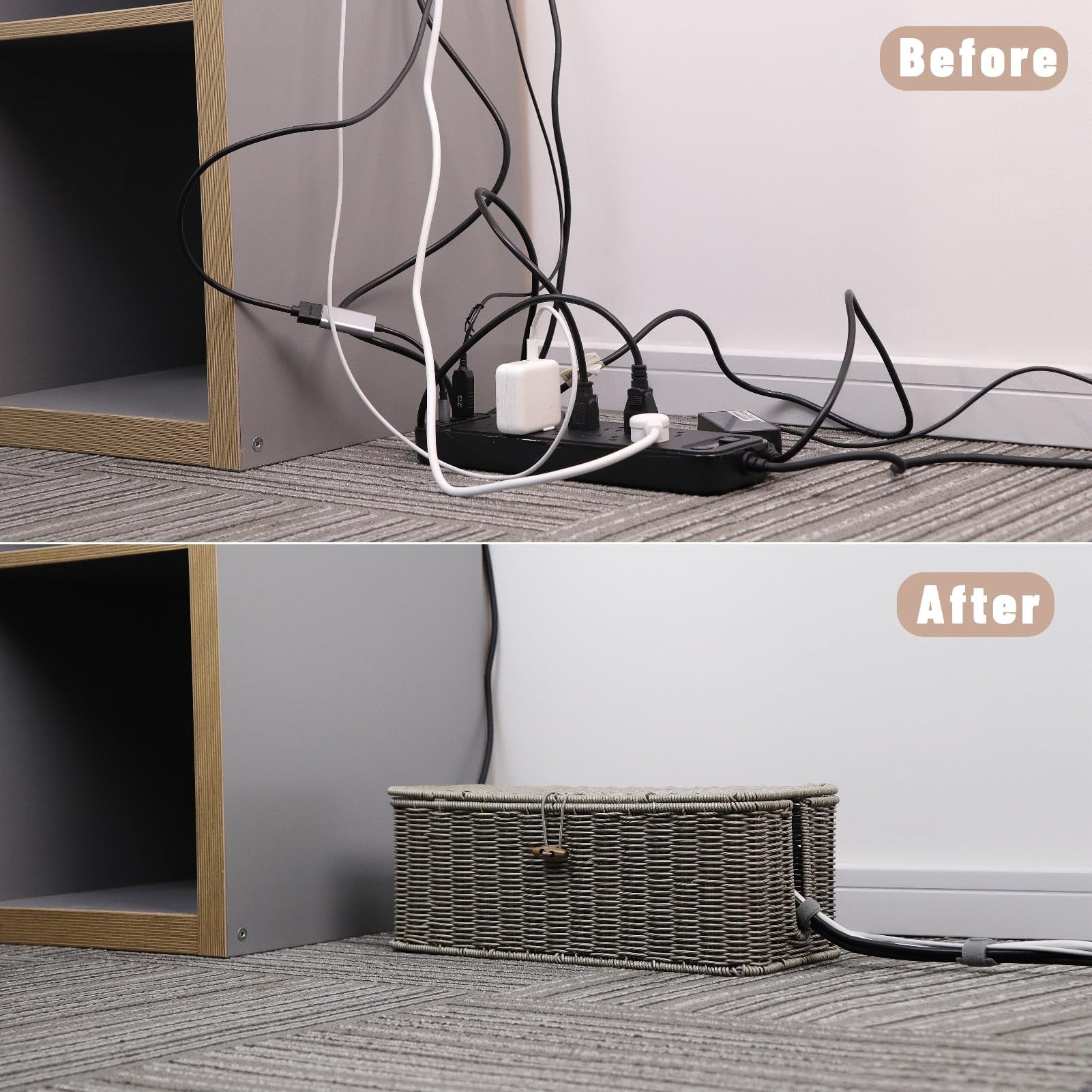 Cable Management Box  Rattan Style Cord Organizer For Desk Hider Outlet Covers Proofing Power Strip Tv Pc Router Under Storage With Lockable Lid And Ties