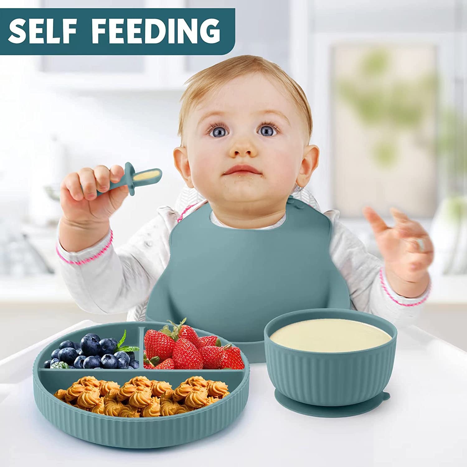 Soft Silicone Baby Feeding Set, Baby Led Weaning Supplies with Adjustable  Bib, Suction Bowl, Suction Divided Plate, Straw Cup, First Stage Spoon   Fork, Toddler Infant Self Eating Utensil Set