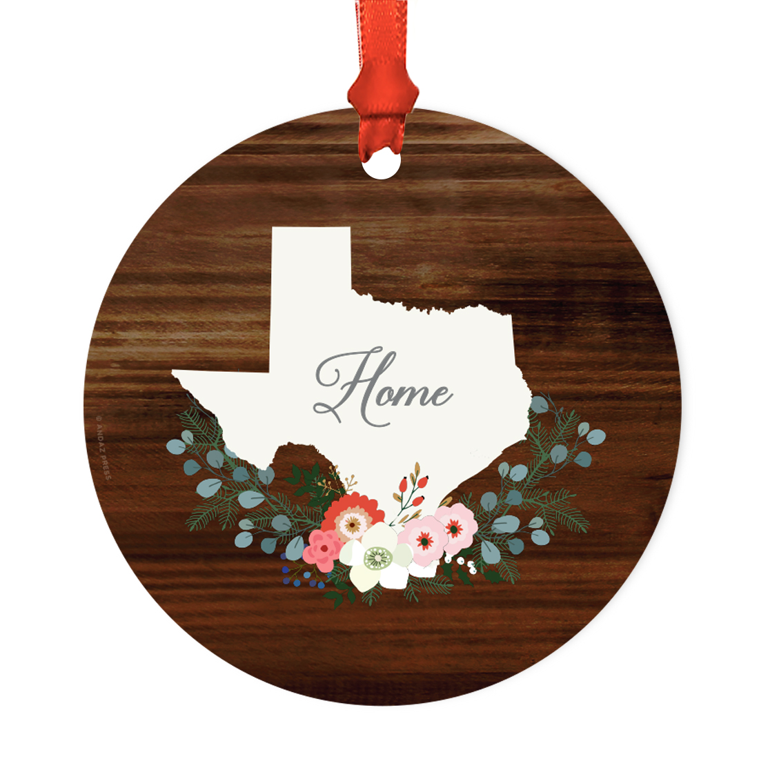 US State Round Metal Christmas Ornament, Rustic Wood with Florals Home ...