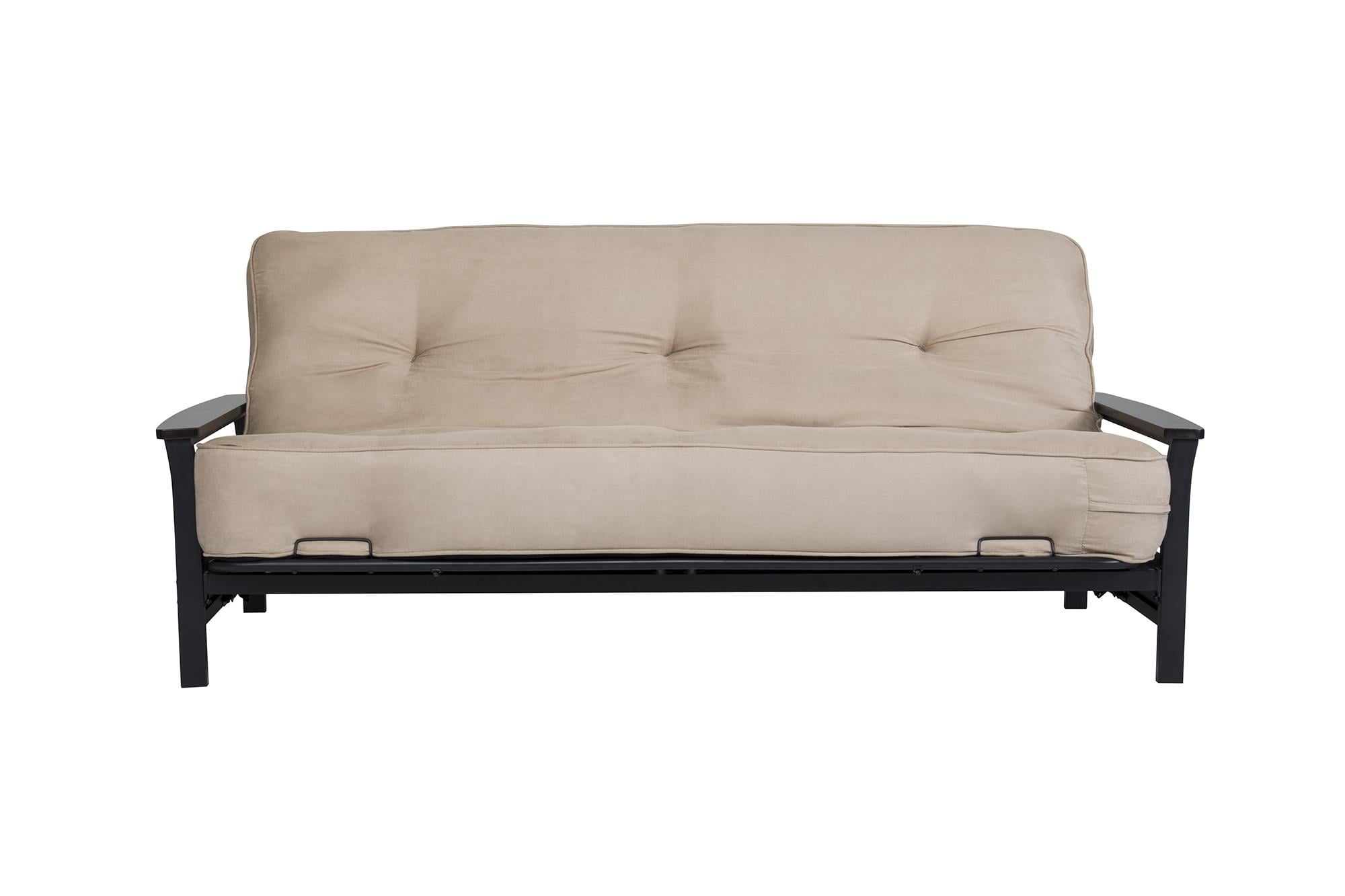 DHP Nadine Metal Futon Frame With Espresso Wood Armrests, Full Size