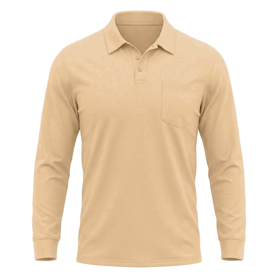 Domuza Men's Golf Polo Shirt with Pocket, Long Sleeve Quick Dry Stretch, Performance Athletic Top for Outdoor Khaki 2XL