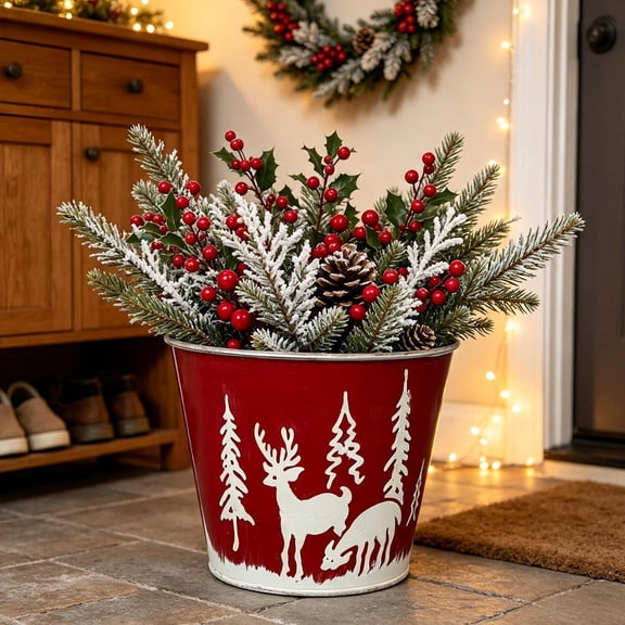 Christmas Iron Flower Bucket Vintage Distressed Red Bottom Bucket with Reindeer Pine Design, Garden Flower Pot 13x11x9.5cm, Holiday Garden Decoration for Outdoor Indoor Planters