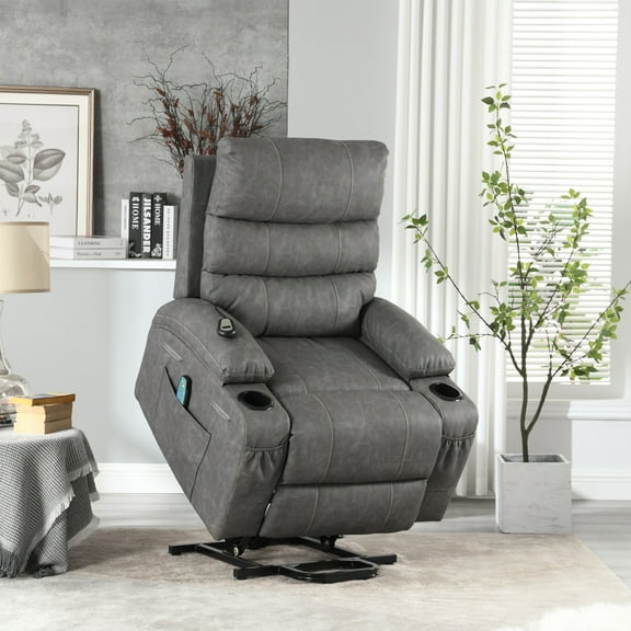 20.8" Seat Width Electric Power Lift Recliner Chair with 8 Point Vibration Massage and Lumber Heat, Recliner Chair with Remote Control, Side Pockets and Cup Holders for Elderly, Grey