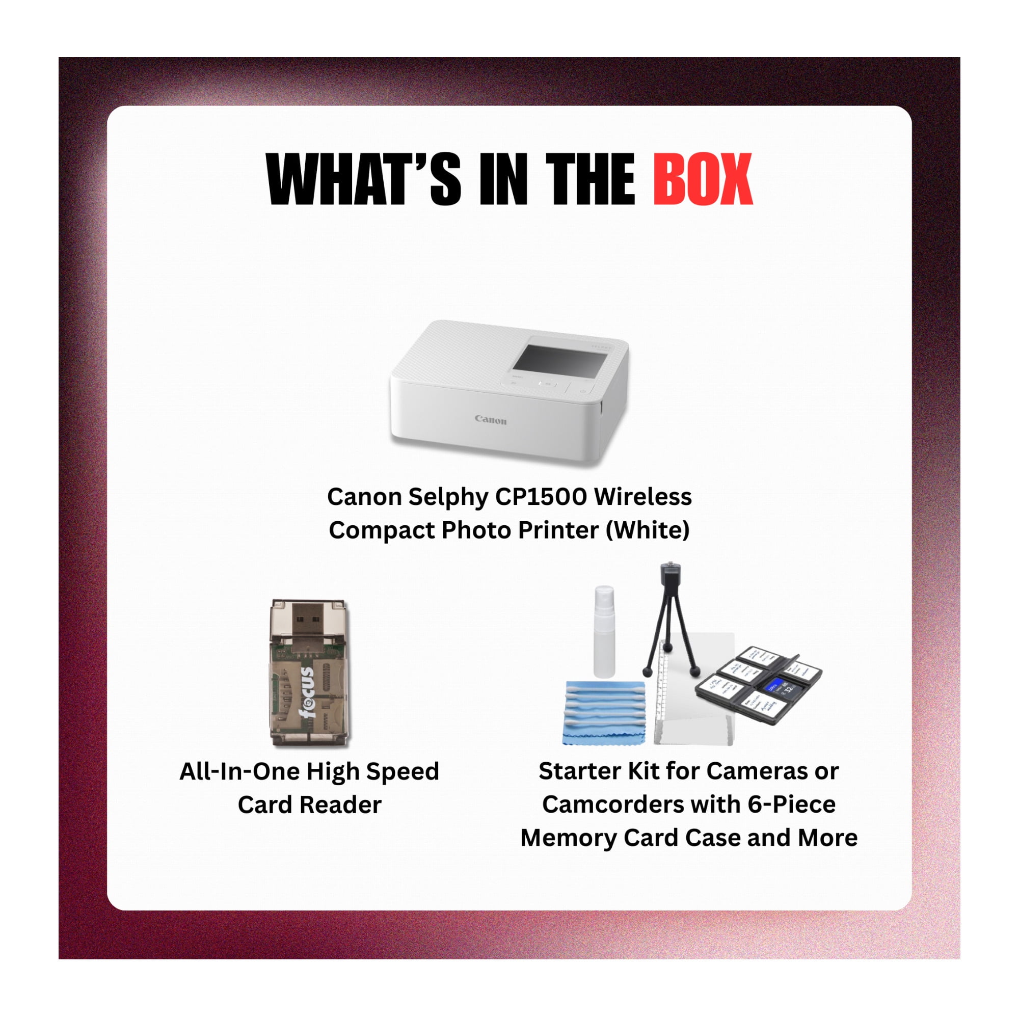 Canon Selphy CP1500 Wireless Compact WiFi AirPrint USB Dye Sublimation Photo Printer (White) Bundle with Card Reader and Starter Kit for Cameras (15 Items)