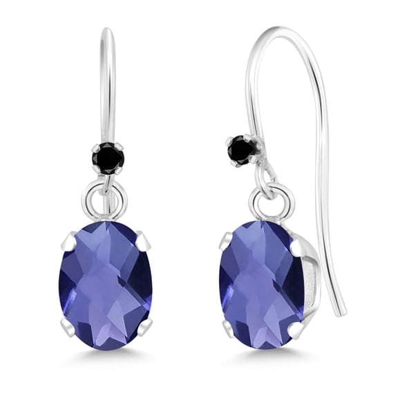 Gem Stone King 925 Sterling Silver Blue Iolite and Black Diamond French Wire Dangle Hook Earrings for Women (1.32 Cttw, Gemstone Birthstone, Oval Checkerboard 7X5MM)