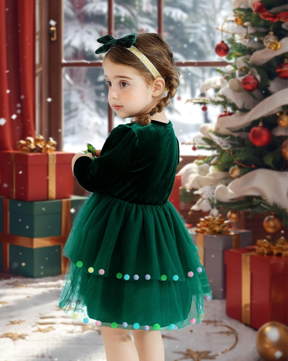 SANMIO Baby Girl Christmas Dress Infant Long Sleeve Holiday Outfit Fall Winter Tulle Velvet Dresses with Headband 3M-3T