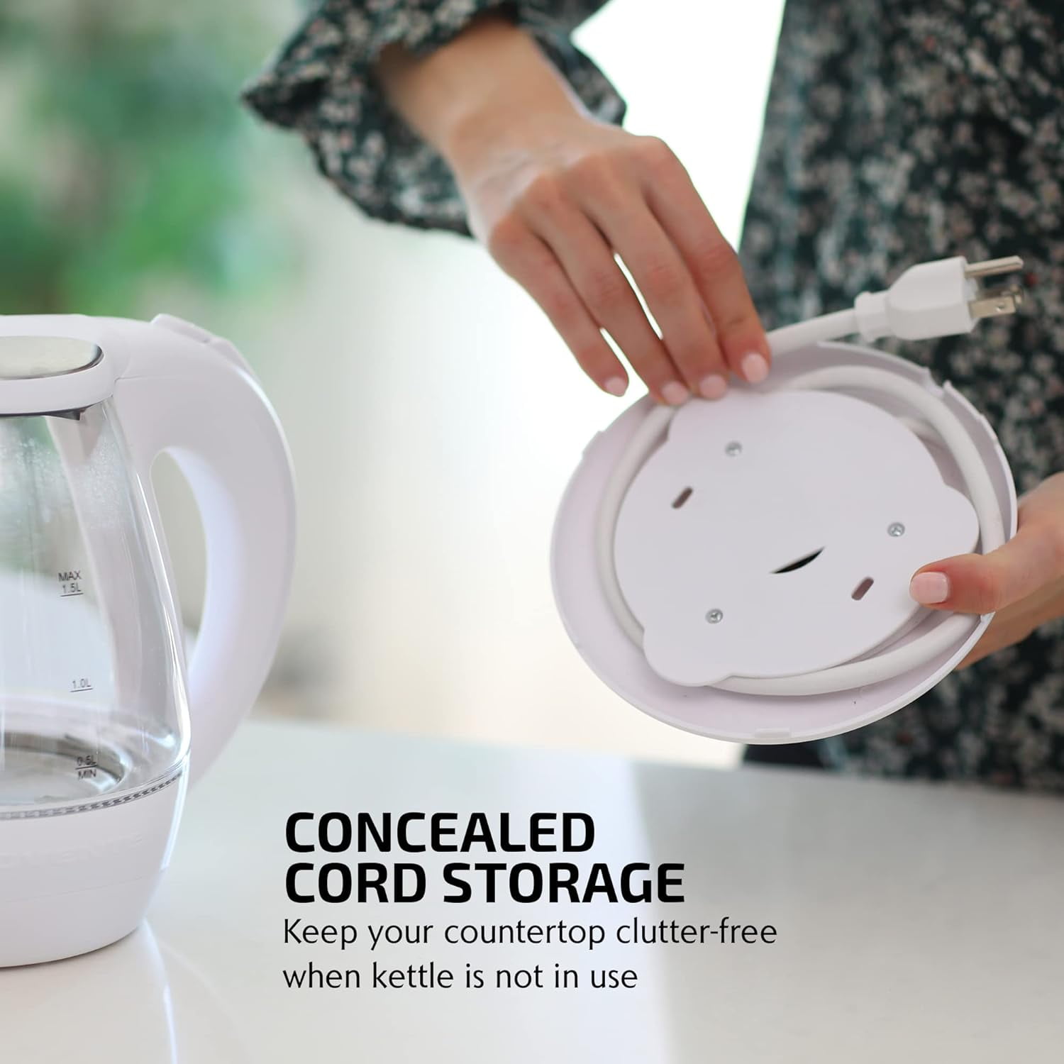 OVENTE 1.5L Glass Electric Kettle with Blue LED Light, 1100W Lighted Countertop Water Heater and Boiler for Coffee or Tea, Auto Shut-Off, Boil Dry Protection and Stainless Steel Lid, White KG845W