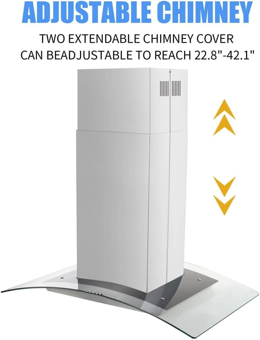 36 inch Island Range Hood 900 CFM Ceiling Mount Kitchen Vent Hood Ducted/Ductless Convertible 4 LED Lights 5-Layer Filters Extractor Stove Exhaust Fan, Curved Tempered Glass Stainless Steel