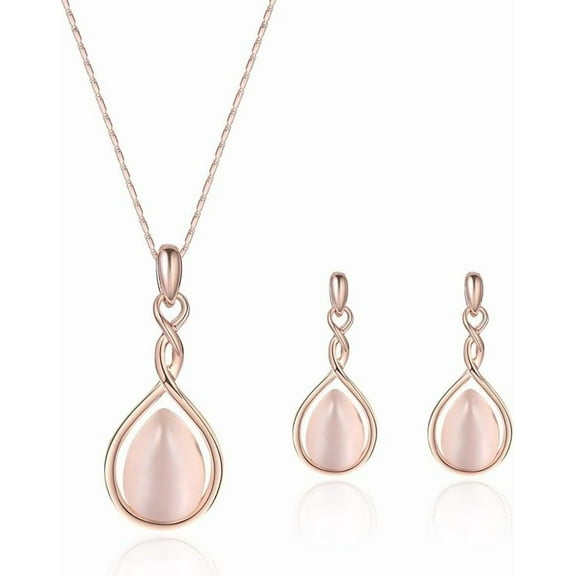 Teardrop Pendant Necklace Jewelry Sets for Women Pink Opal Water Drop Necklaces and Earrings Set Rose Gold-Toned Wedding Jewelry for Brides and Bridesmaid