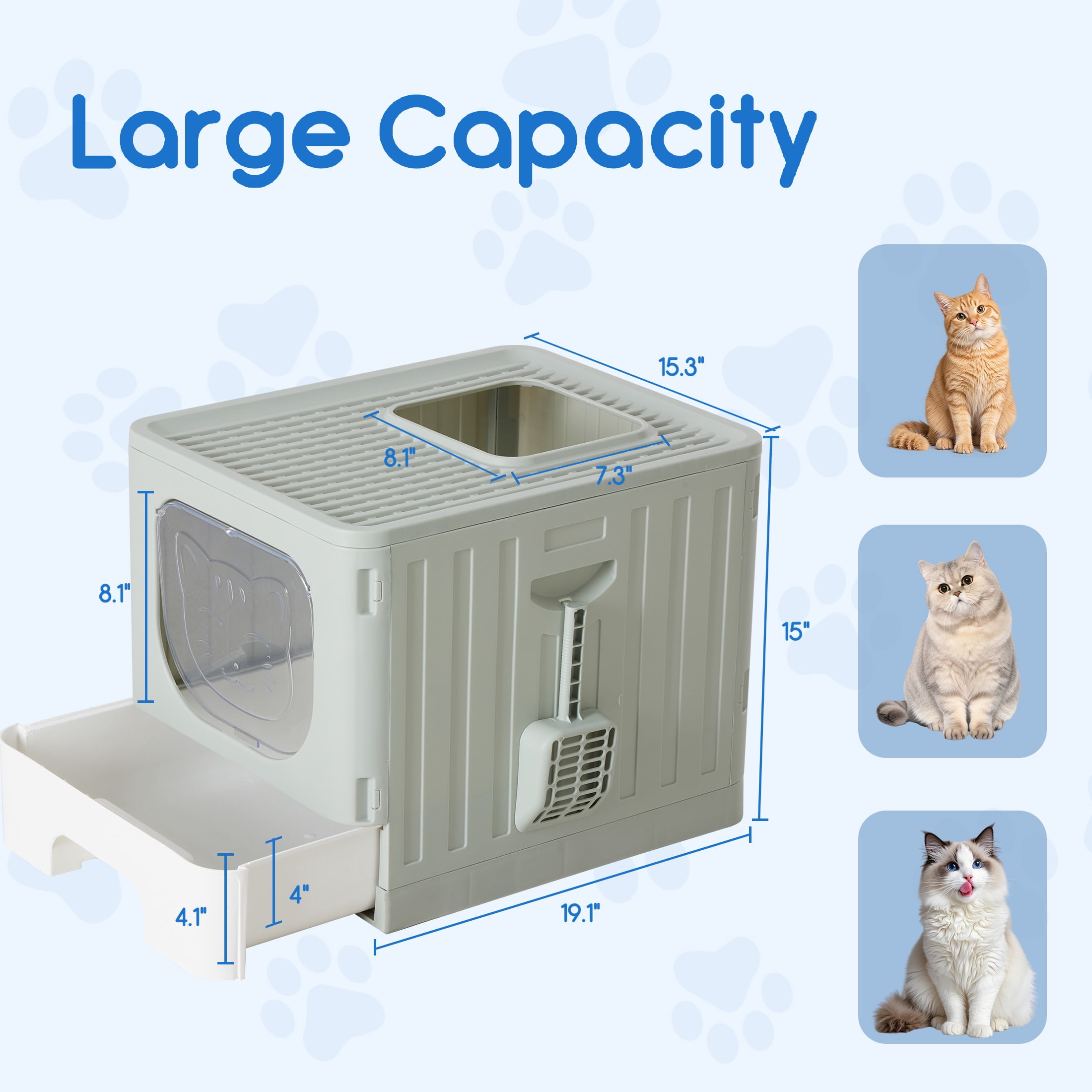EDX Large Foldable Cat Litter Box with Lid, Enclosed Anti-Splashing Cat Box with Litter Scoop, Front Entry Top Exit Kitty Litter Box with Door, Drawer Design, Easy Cleaning & Odor Control, Gray