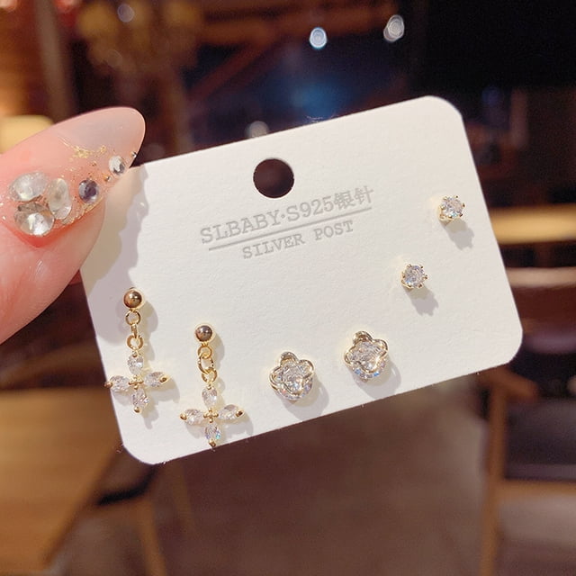 Pendientes cortos con microincrustaciones de circonitas y aguja de plata S925, pendientes de pelo corto, pendientes elegantes japoneses y coreanos de tres piezas, sencillos y combinables para mujer