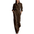 thumbnail image 3 of Tqcoqu Women's Collared Button Front Cargo Jumpsuit,Long Sleeve Elastic Waist Wide Leg Cotton Linen Workwear Jumpsuit with Multi Pocket, 3 of 8