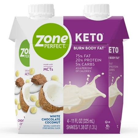 ZonePerfect Keto Shake, White Chocolate Coconut, True Keto Macros To Burn Body Fat, Made With MCTs, 11 fl oz, 12