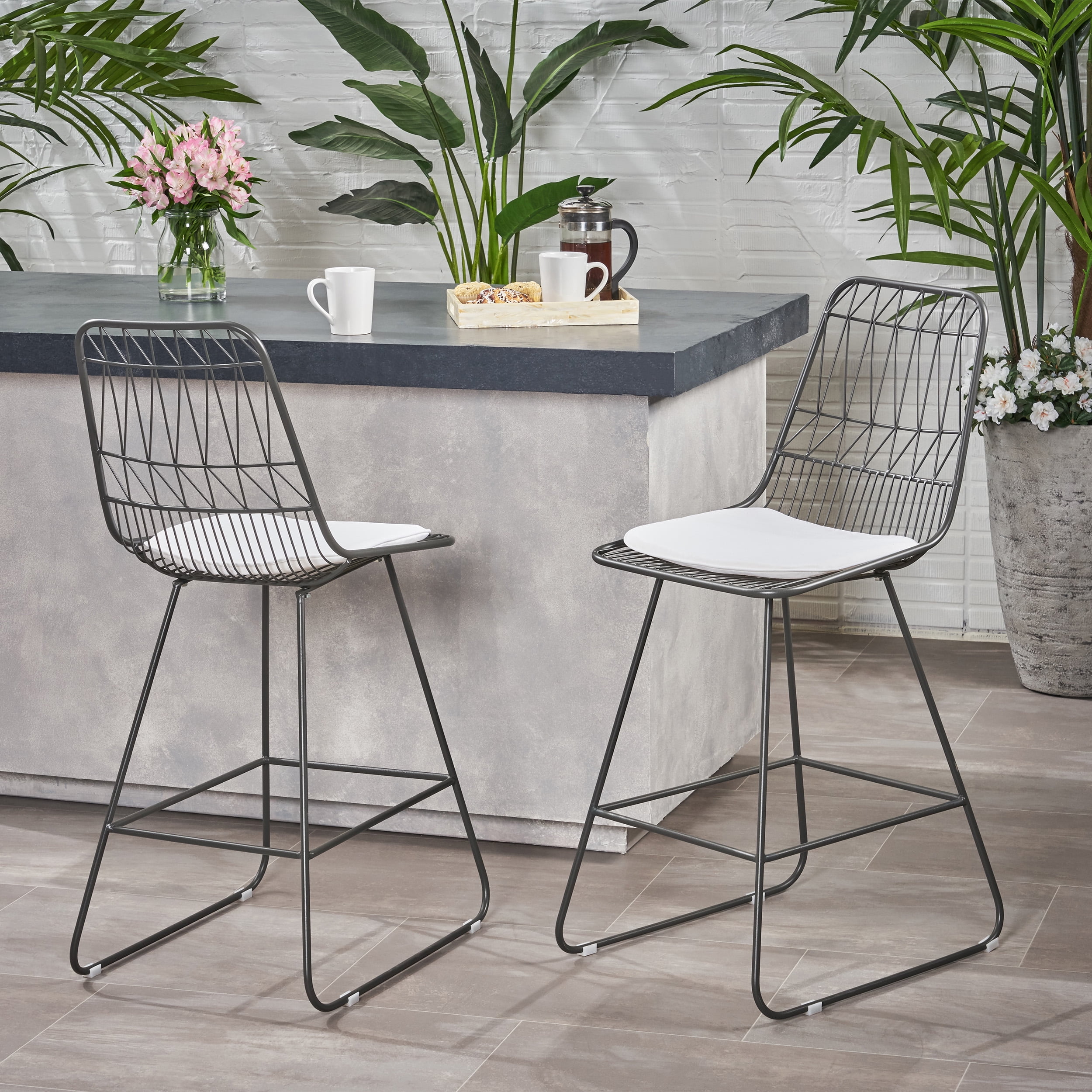 Modern Counter Stools Set of 2 Geometric Wire Bar Stools with Water Resistant Cushions for Indoor Outdoor Patio Kitchen in Grey Ivory