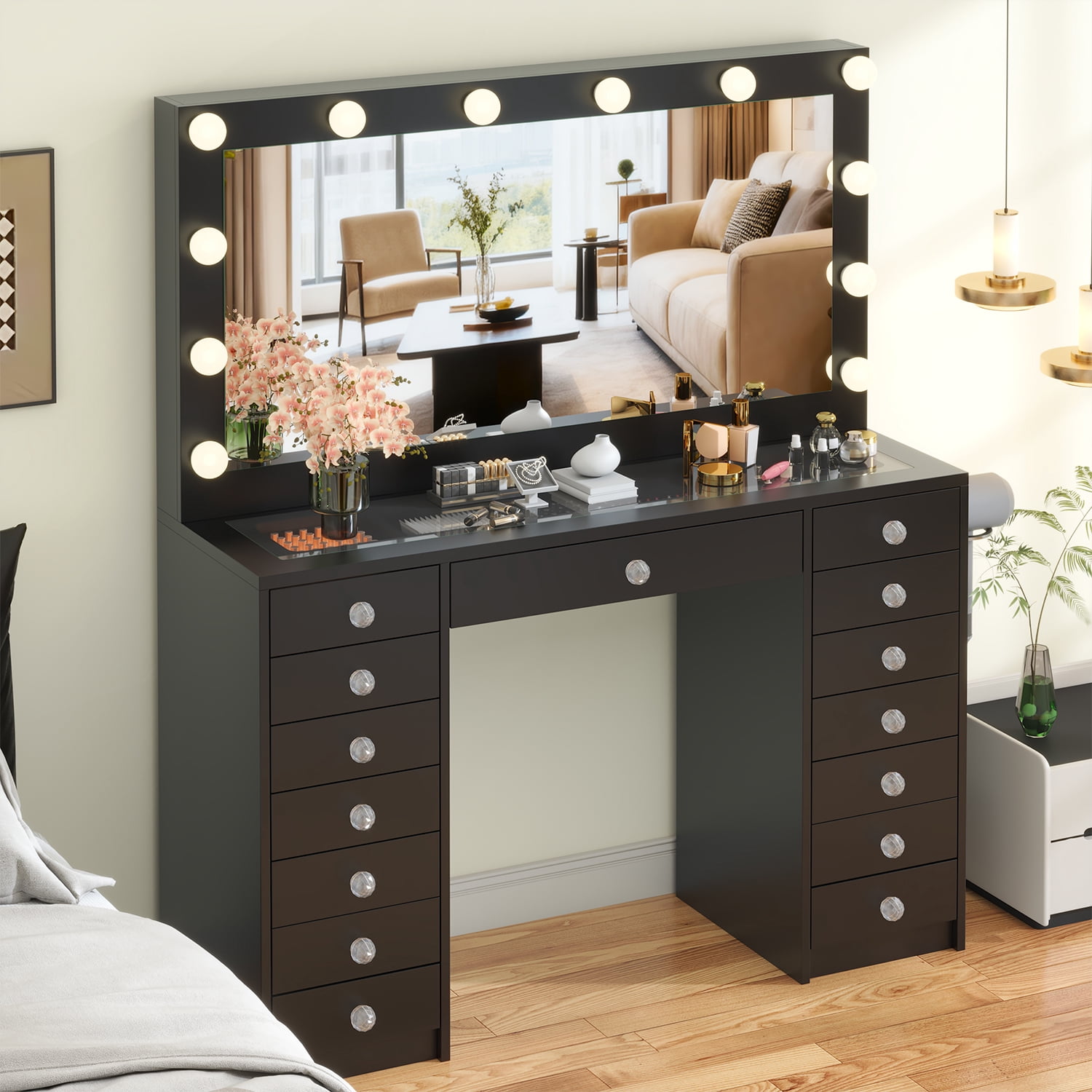 Winkalon Vanity Desk with Mirror and LED Lights, Makeup Vanity with 15 Drawers, Vanity Table with Power Outlet for Bedroom Dressing Room, Black