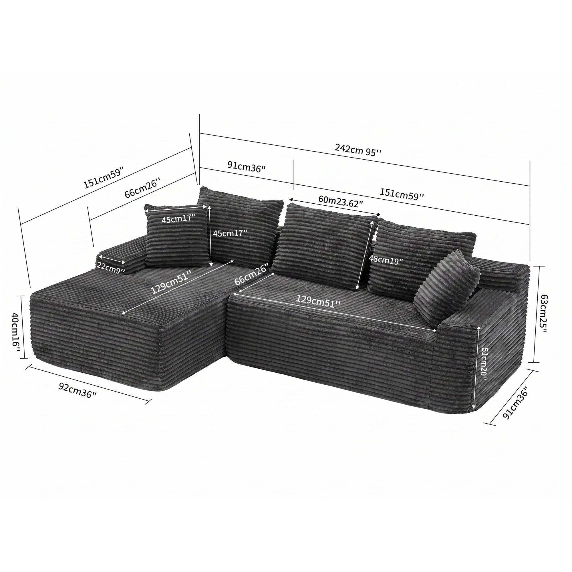 Leumius 95" Boneless Modular Sectional Sofa with Chaise,L-Shaped Comfy Corduroy Couch with Deep Seat,Upholstered Sectional Couch for Living Room, No Assembly,Gray